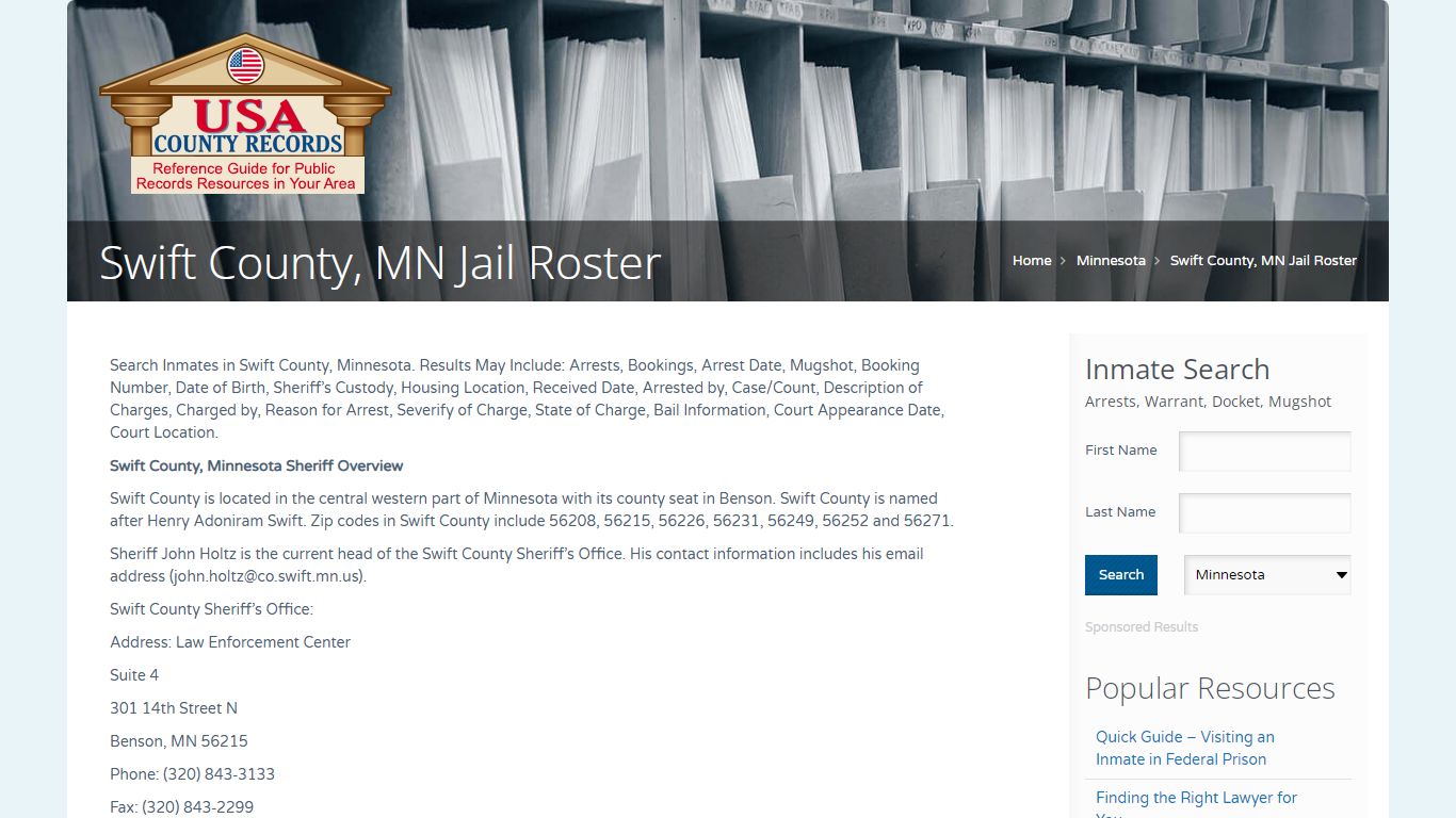 Swift County, MN Jail Roster | Name Search